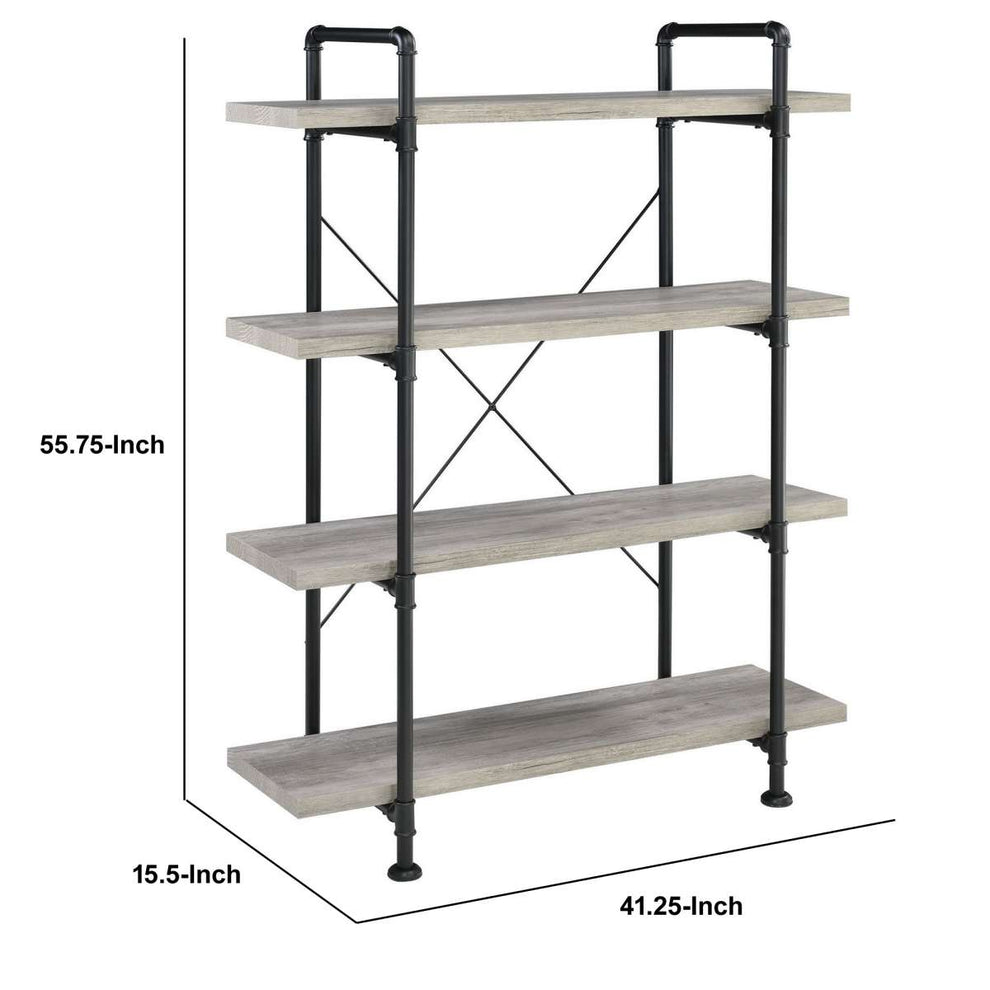56 Inch 4 Tier Metal And Wooden Bookcase, Black And Gray By Benzara | Bookcases |  Modishstore  - 2
