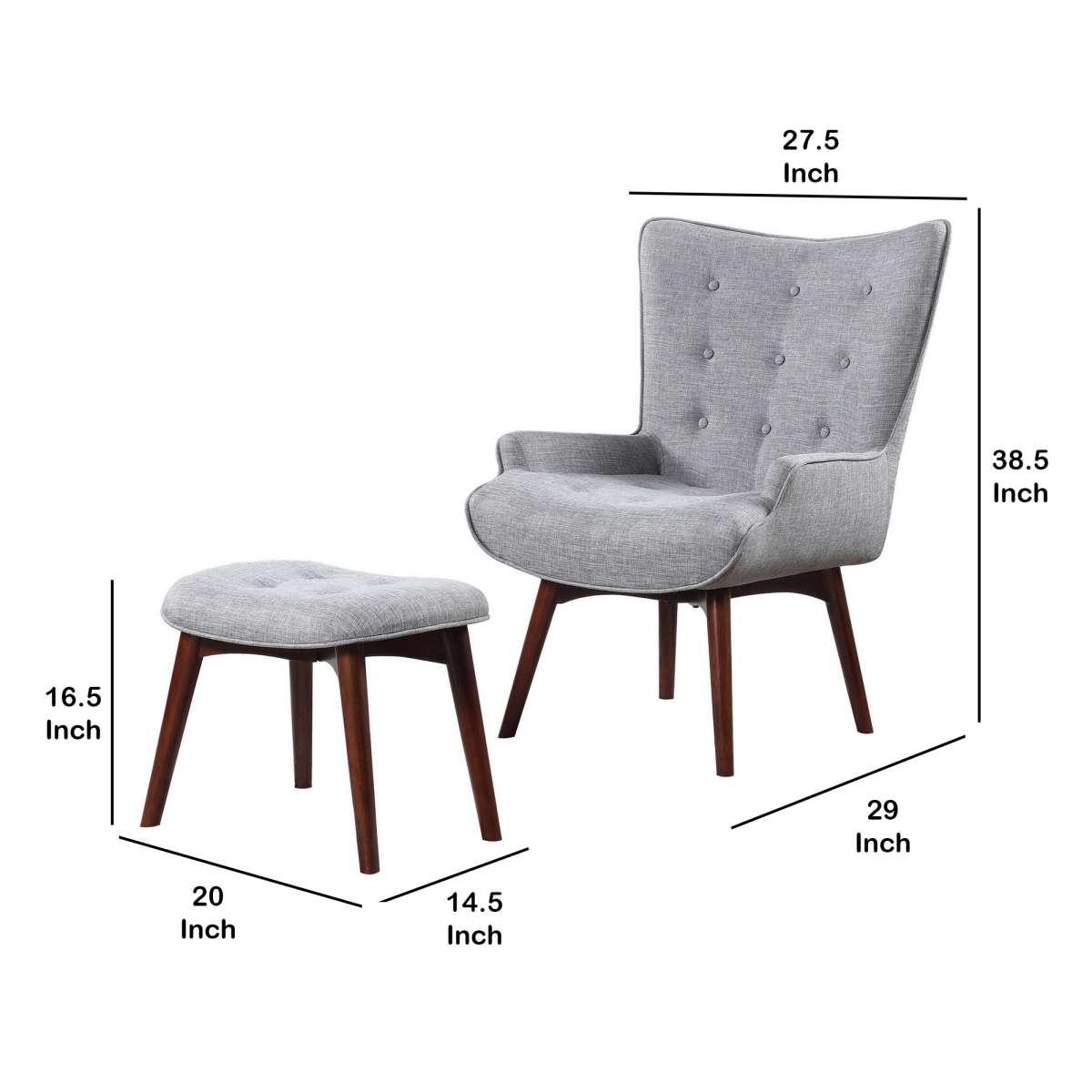 Wooden And Fabric Accent Chair With Ottoman, Gray And Brown By Benzara | Accent Chairs |  Modishstore  - 3