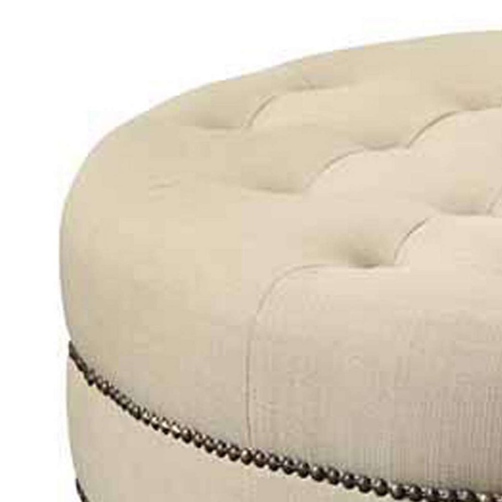 Round Shaped Fabric Ottoman With Nailhead Trim, Gray By Benzara | Ottomans |  Modishstore  - 5