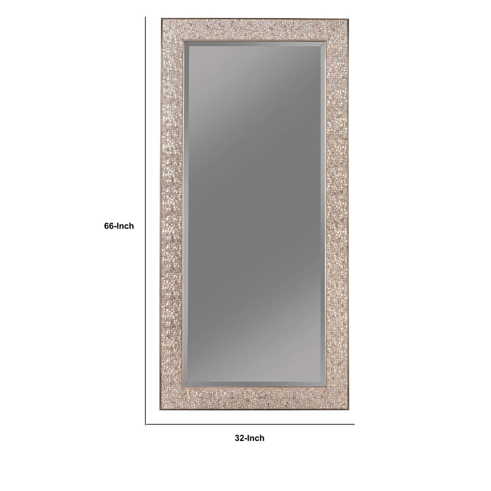 Rectangular Beveled Accent Floor Mirror With Glitter Mosaic Pattern, Silver By Benzara | Mirrors |  Modishstore  - 3