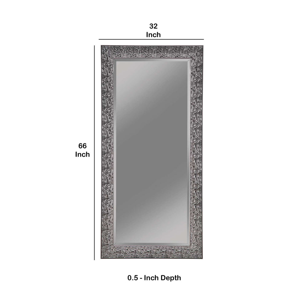 Rectangular Beveled Accent Floor Mirror With Glitter Mosaic Pattern, Gray By Benzara | Mirrors |  Modishstore  - 2