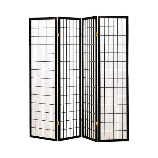 4 Panel Foldable Wooden Frame Room Divider With Grid Design, Black By Benzara | Room Divider |  Modishstore 