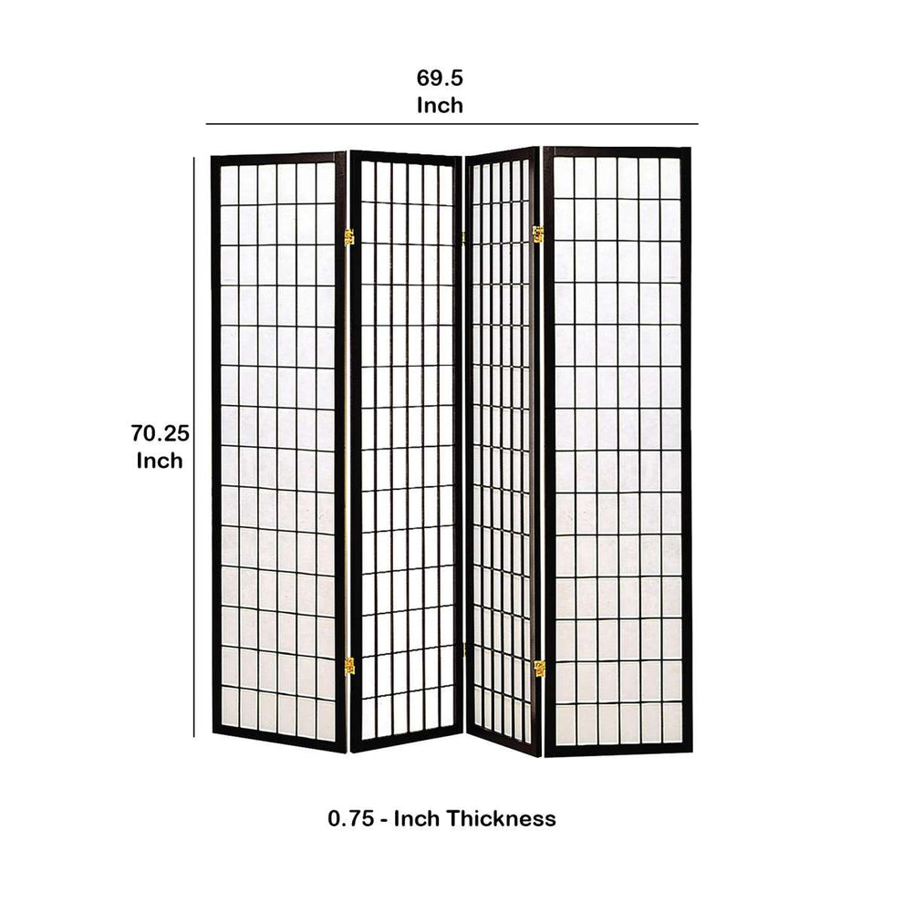 4 Panel Foldable Wooden Frame Room Divider With Grid Design, Black By Benzara | Room Divider |  Modishstore  - 2