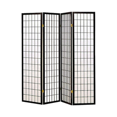 4 Panel Foldable Wooden Frame Room Divider With Grid Design, Black By Benzara