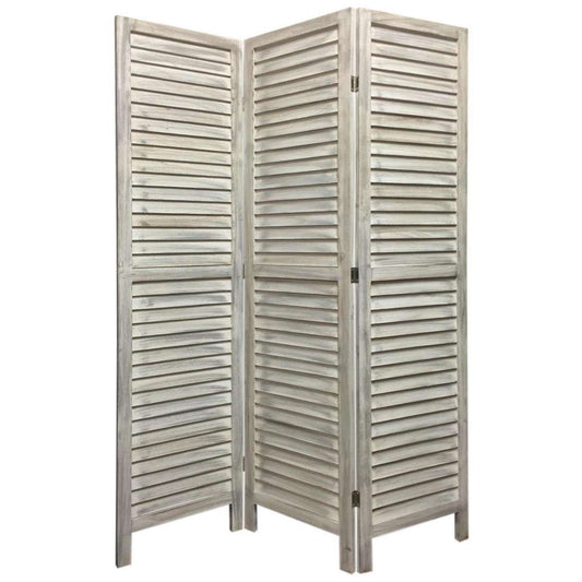 67 Inch 3 Panel Shutter Screen With Fitted Slats, Weathered White By Benzara | Room Divider |  Modishstore 