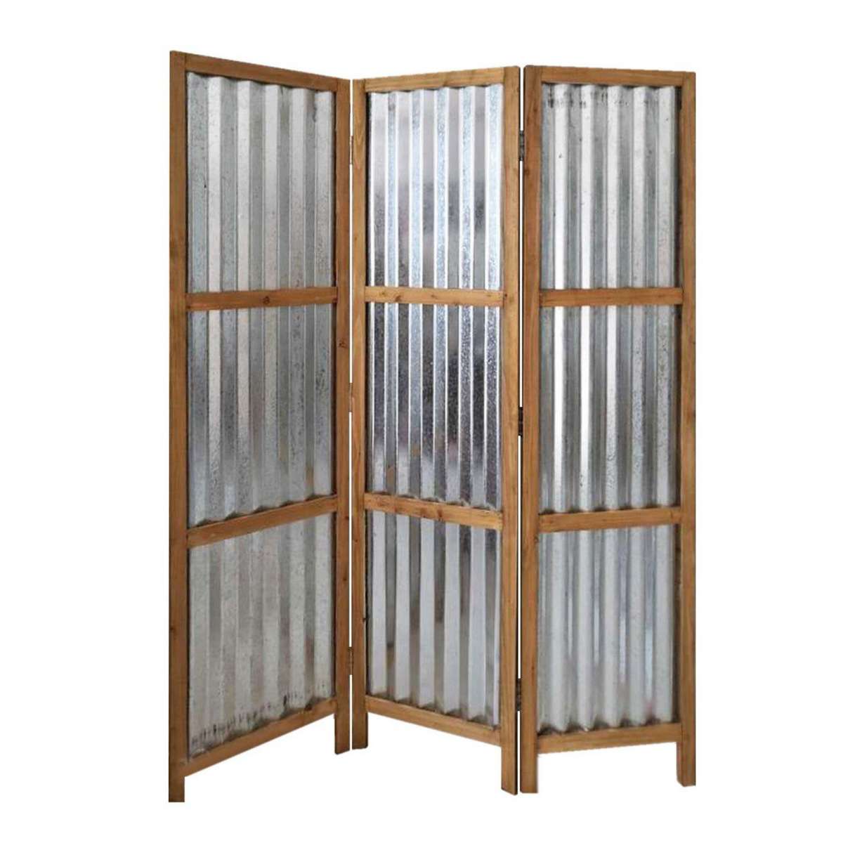 Industrial 3 Panel Foldable Screen With Corrugated Design,Silver And Brown By Benzara | Room Divider |  Modishstore 