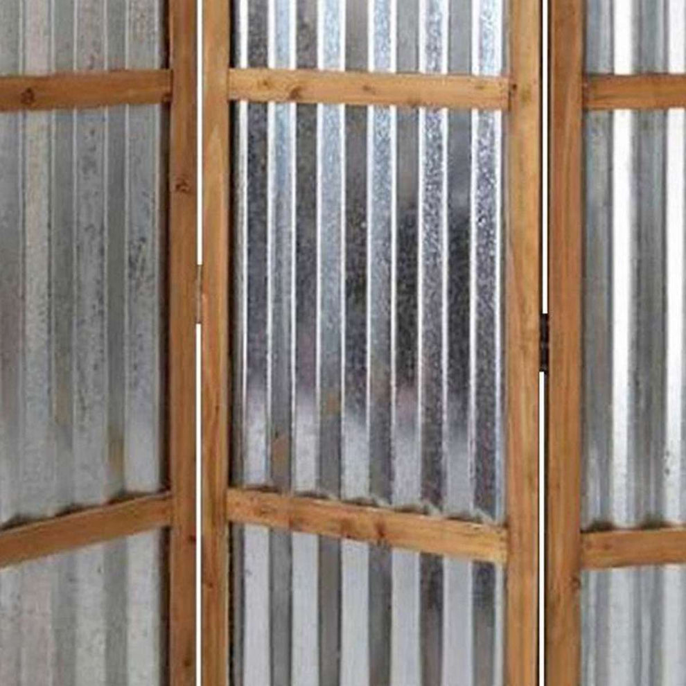 Industrial 3 Panel Foldable Screen With Corrugated Design,Silver And Brown By Benzara | Room Divider |  Modishstore  - 4