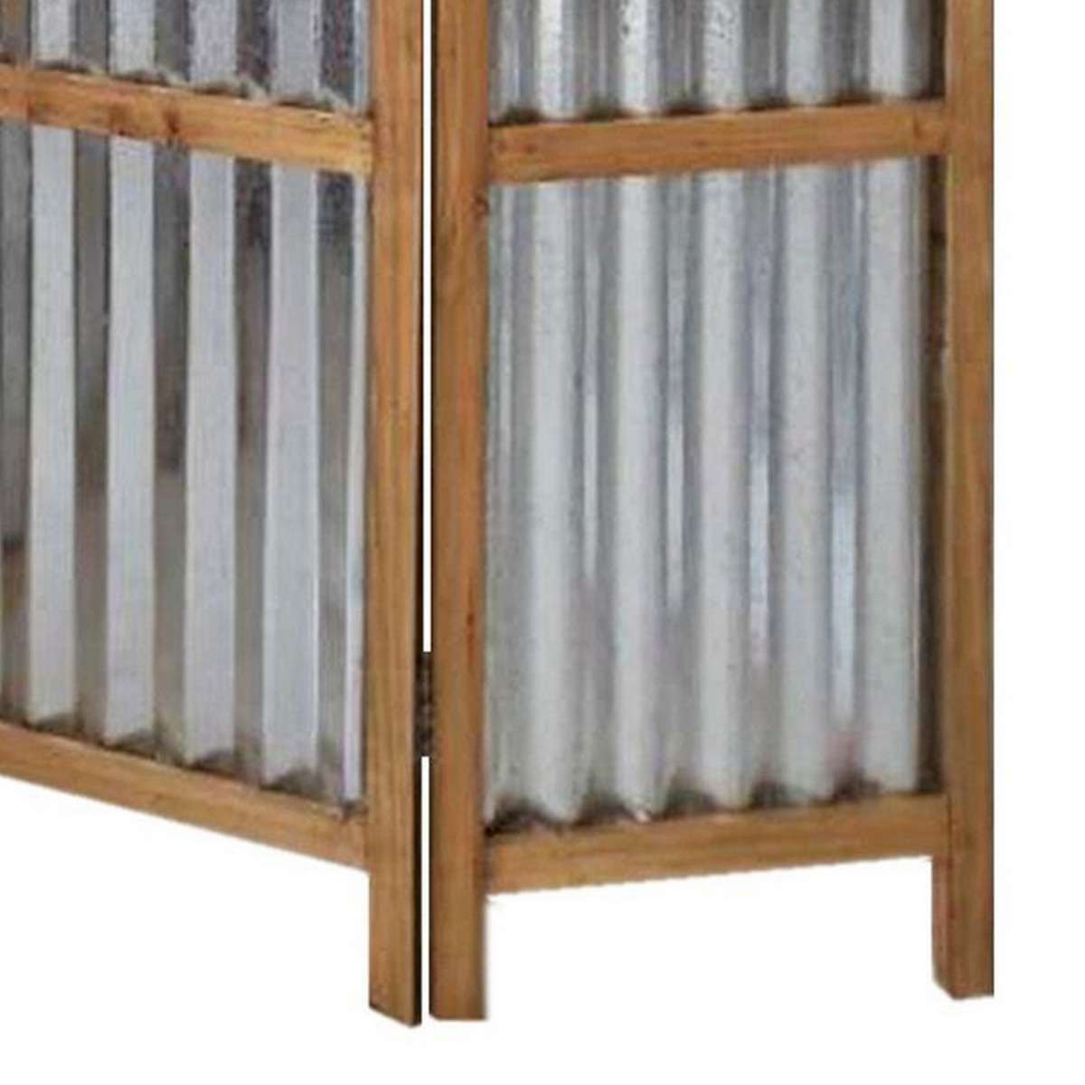 Industrial 3 Panel Foldable Screen With Corrugated Design,Silver And Brown By Benzara | Room Divider |  Modishstore  - 3