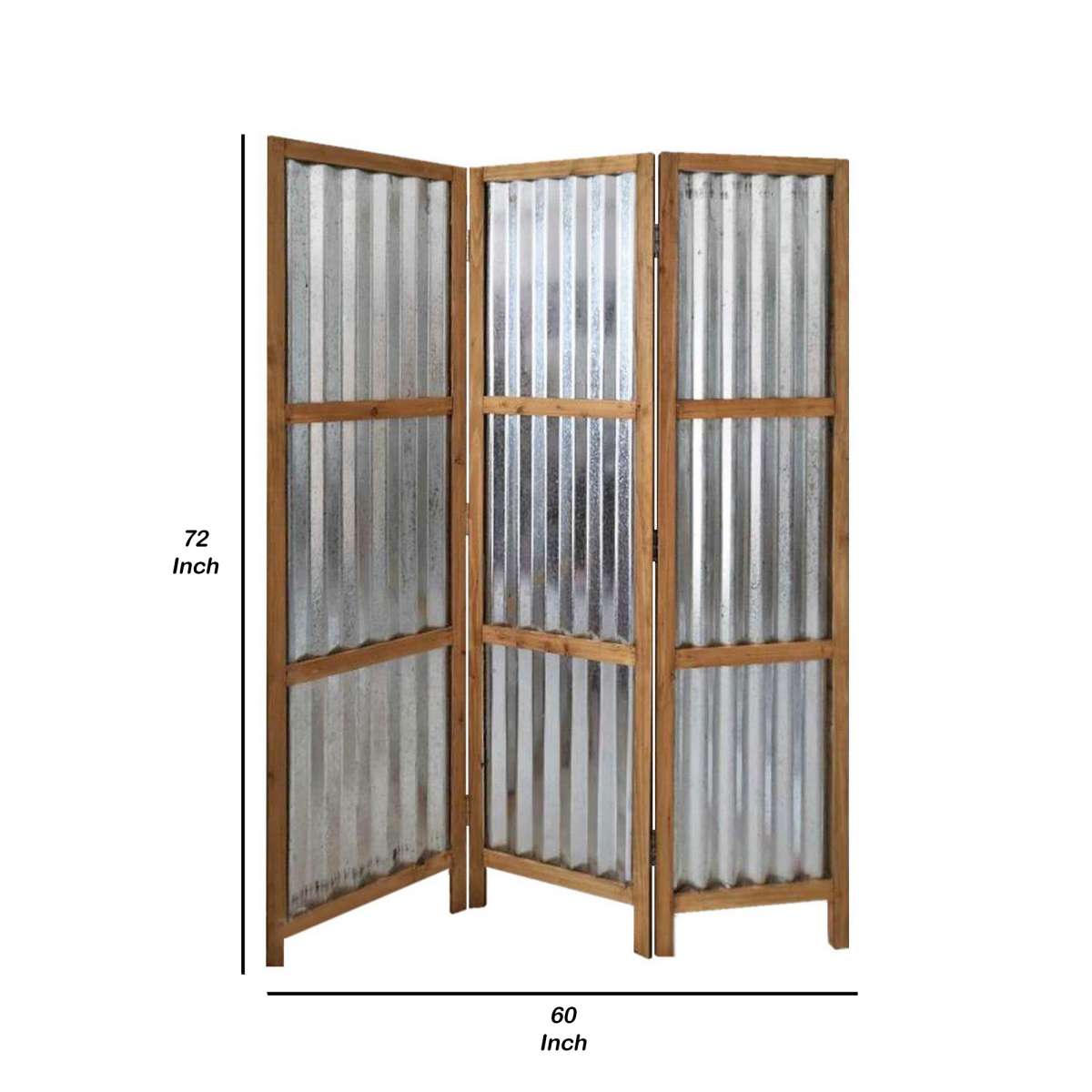 Industrial 3 Panel Foldable Screen With Corrugated Design,Silver And Brown By Benzara | Room Divider |  Modishstore  - 2