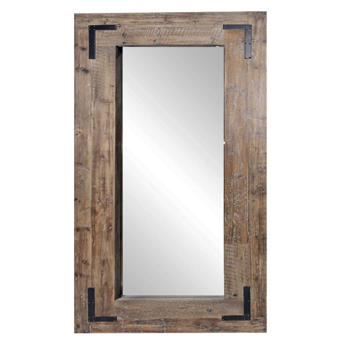 75 Inch Reclaimed Wood Leaning Mirror With Metal Corner Accent, Brown By Benzara | Mirrors |  Modishstore 
