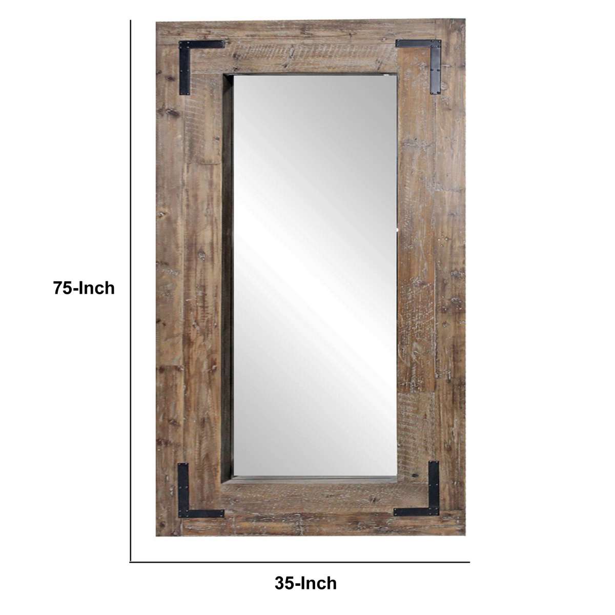 75 Inch Reclaimed Wood Leaning Mirror With Metal Corner Accent, Brown By Benzara | Mirrors |  Modishstore  - 2