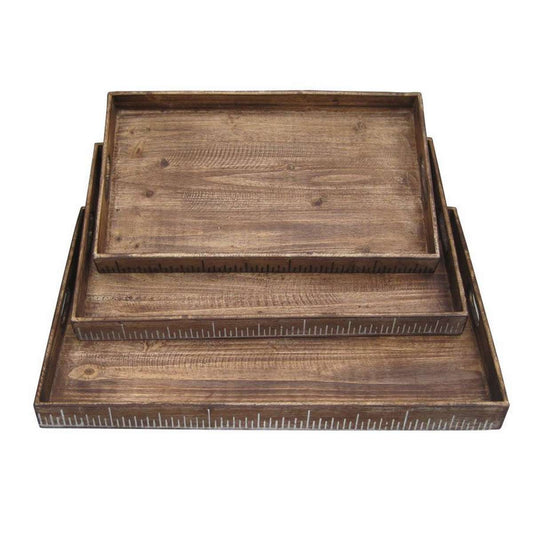 Rough Sawn Textured Rectangular Wooden Ruler Tray, Set Of 3, Brown By Benzara | Trays & Pedestals |  Modishstore 