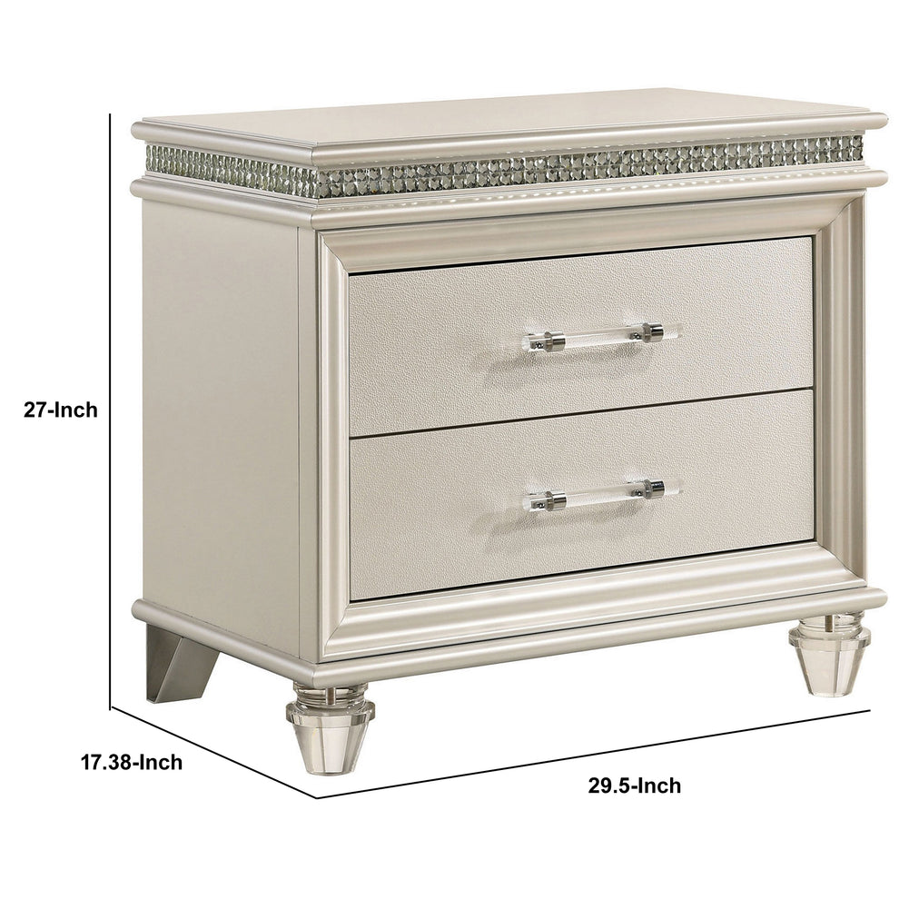 2 Drawer Nightstand With Acrylic Feet And Crystal Accents Silver By Benzara | Nightstands | Modishstore - 2