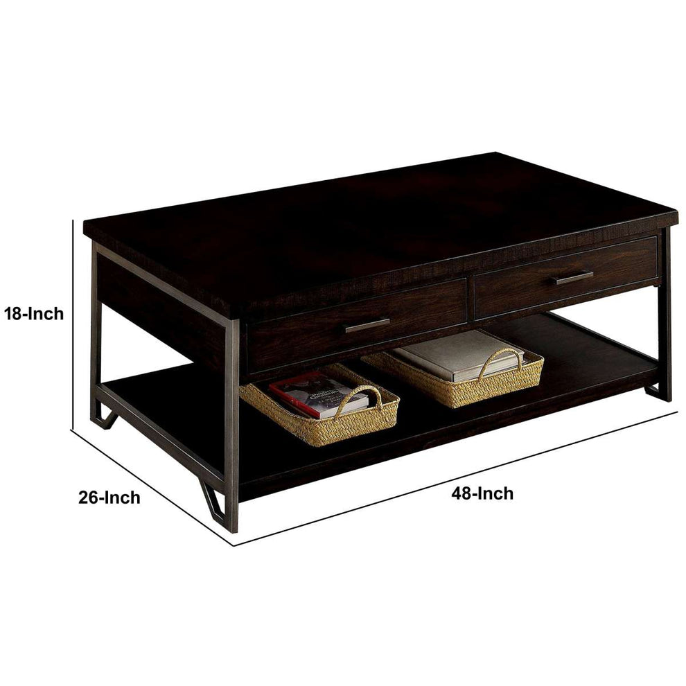 2 Drawer Wooden Coffee Table With Open Shelf, Dark Brown By Benzara | Coffee Tables |  Modishstore  - 2