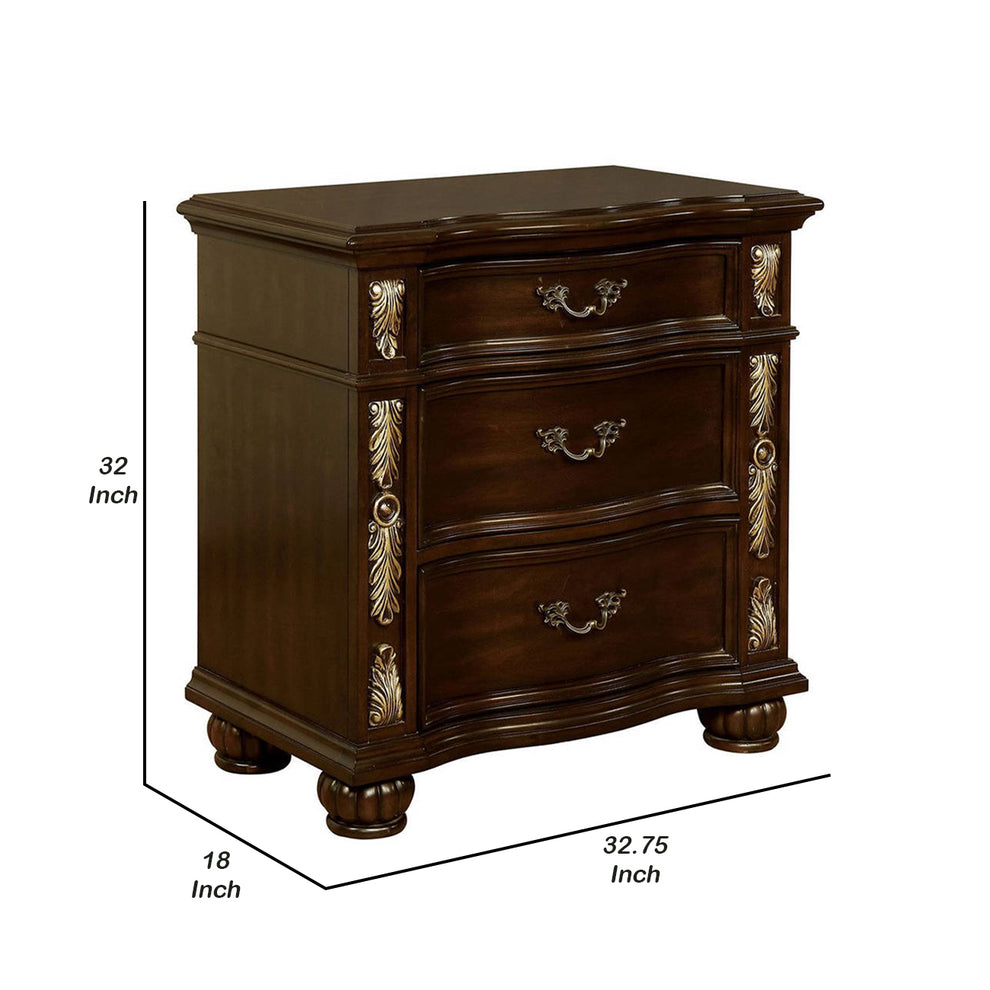 3 Drawer Wooden Nightstand With Decorative Accent And Usb Plugin Brown By Benzara | Nightstands | Modishstore - 2