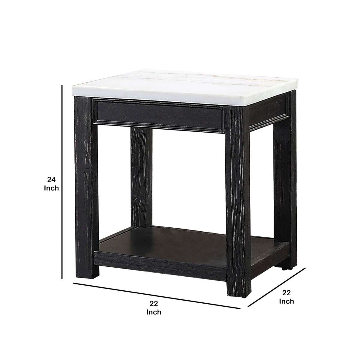 Marble Top Wooden End Table With Open Bottom Shelf, Black And White By Benzara | End Tables |  Modishstore  - 2