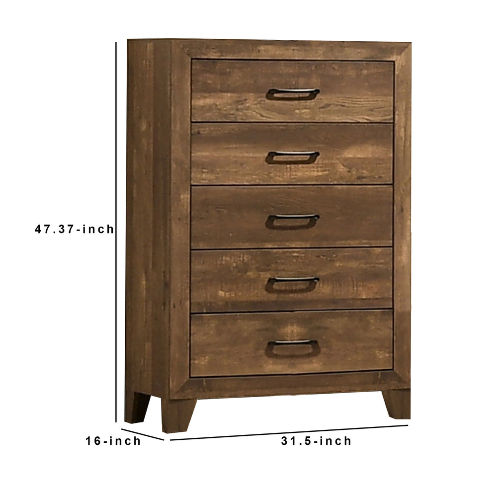 5 Drawer Wooden Chest With Grain Details Walnut Brown By Benzara | Cabinets | Modishstore - 2