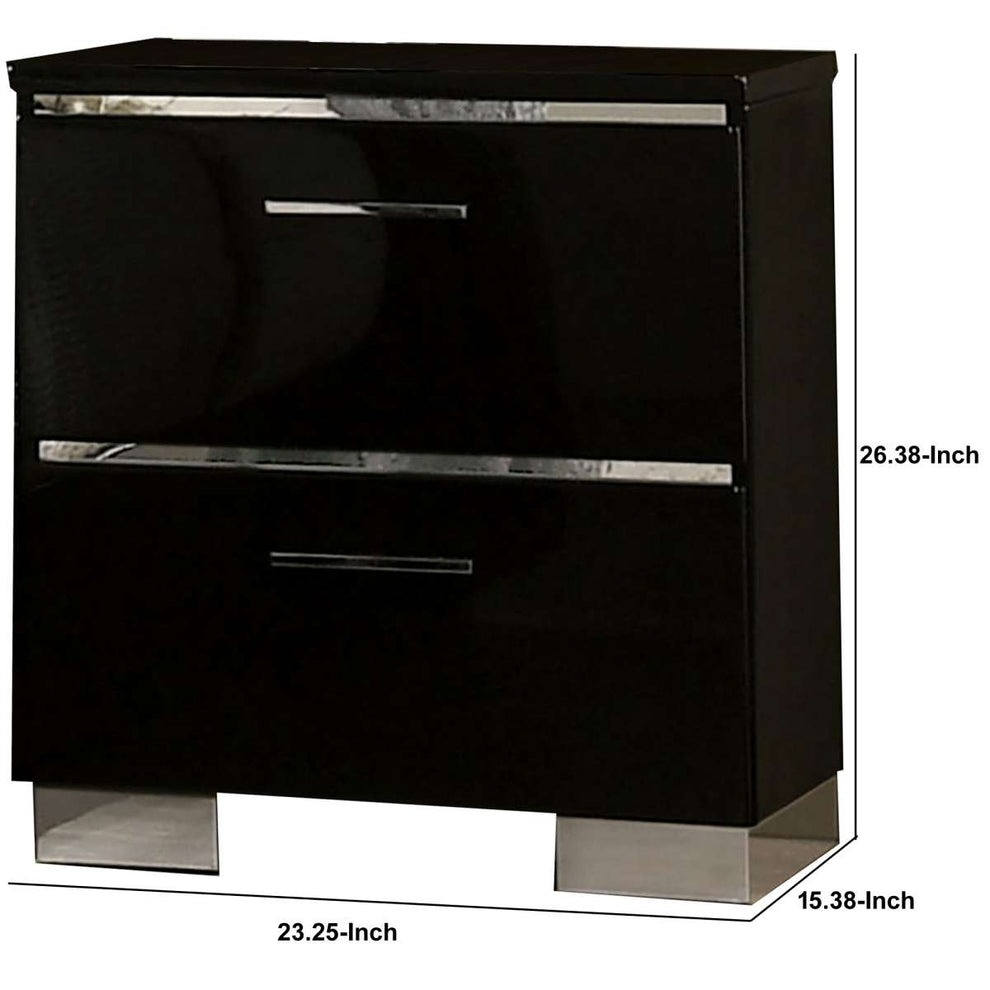 Two Drawer Nightstand With Usb Charger And Bar Handle Pulls, Black By Benzara | Nightstands |  Modishstore  - 2