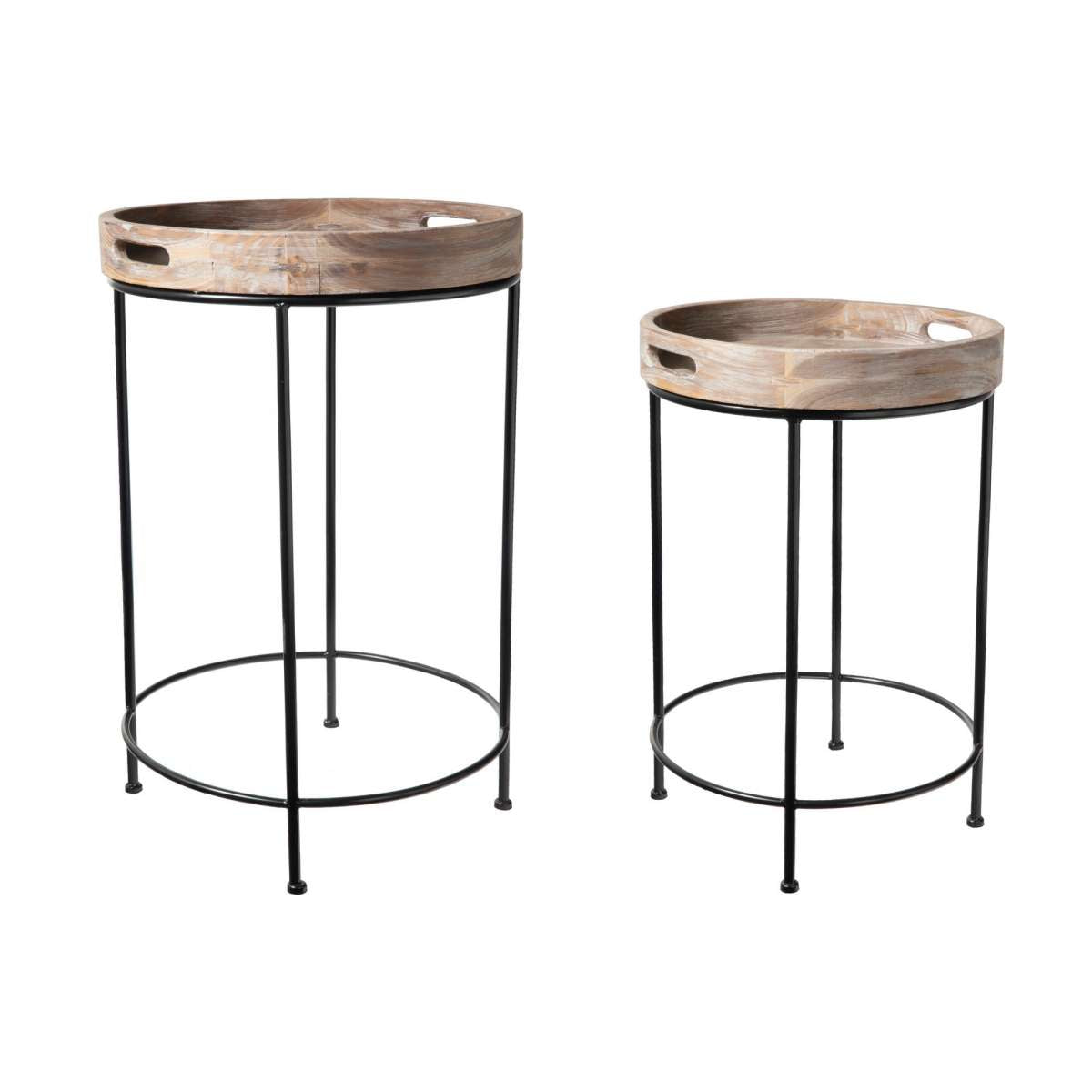 Round Tray Table With Metal Stand, Set Of 2, Brown And Black By Benzara | End Tables |  Modishstore 
