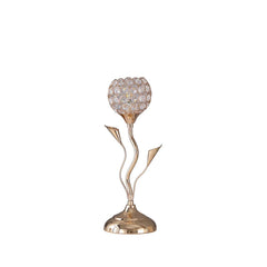 Metal Table Lamp With Floral Shade And Acrylic Crystals, Gold By Benzara