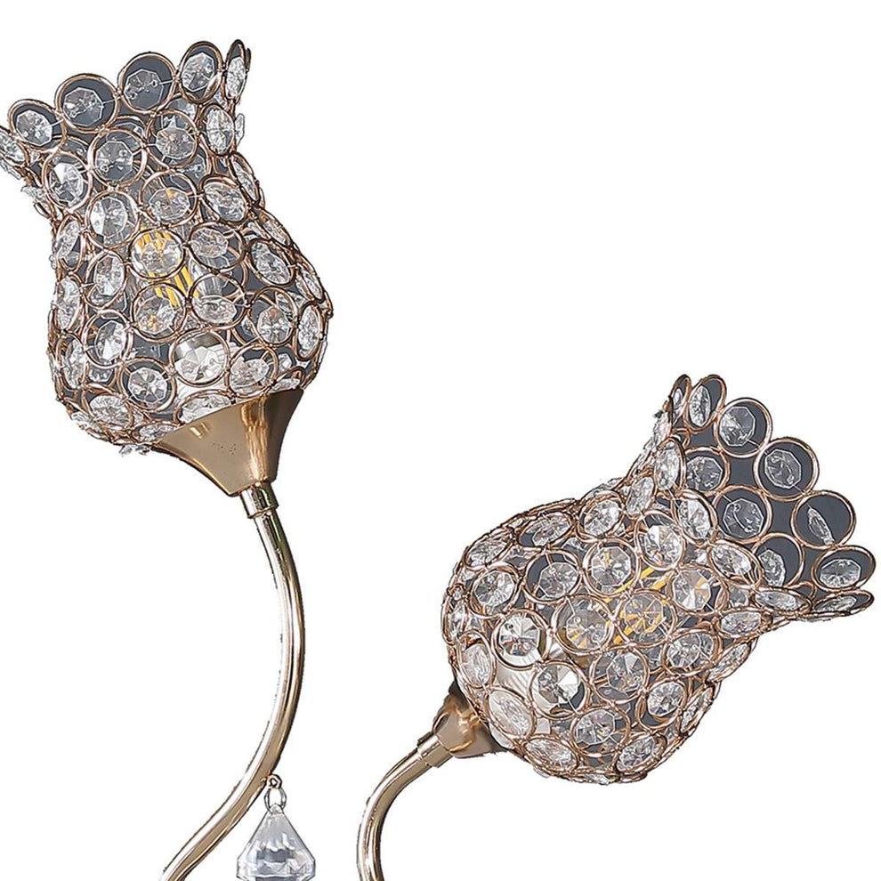 Metal Table Lamp With Floral Trumpet Shade And Crystal Accents, Gold By Benzara | Table Lamps |  Modishstore  - 5