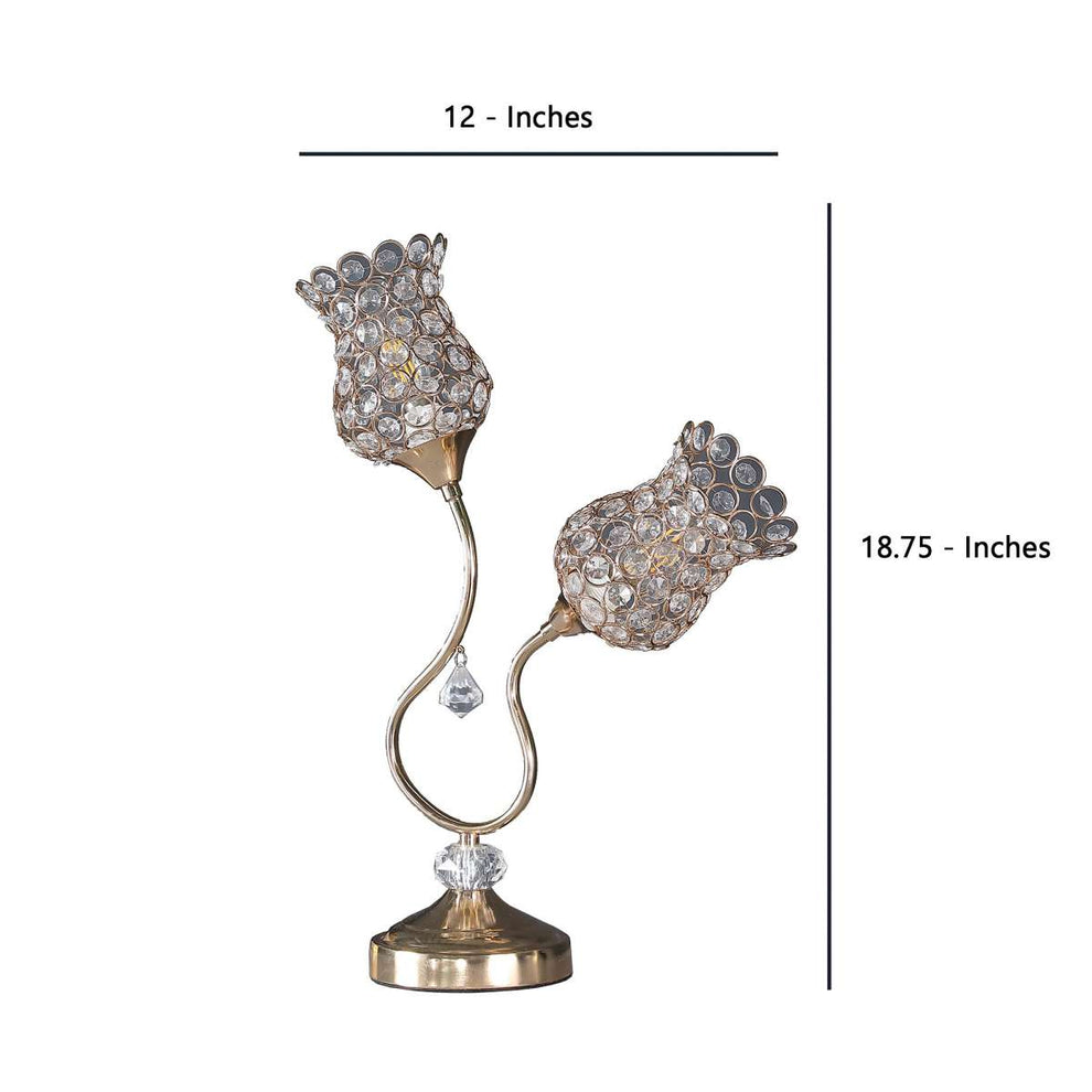 Metal Table Lamp With Floral Trumpet Shade And Crystal Accents, Gold By Benzara | Table Lamps |  Modishstore  - 3