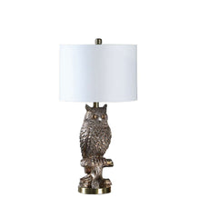 Polyresin Sitting Owl Design Table Lamp With Round Base, Silver By Benzara
