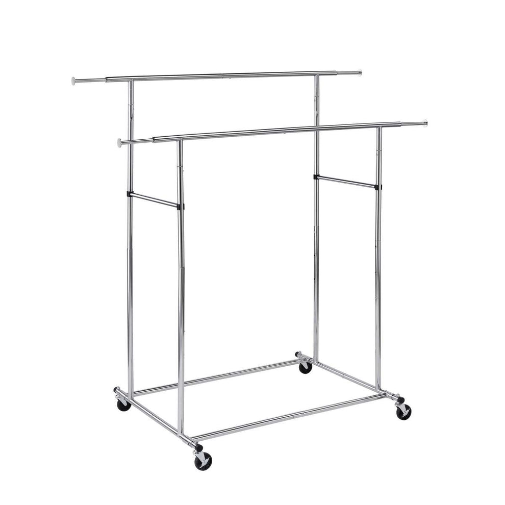 Dual Bar Tubular Metal Frame Garment Rack With Casters, Chrome By Benzara | Coat Racks |  Modishstore  - 5
