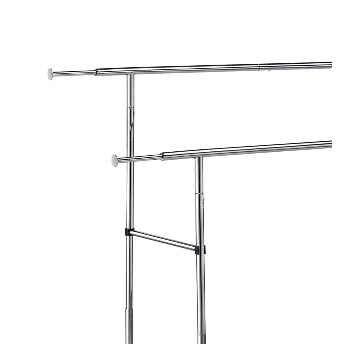 Dual Bar Tubular Metal Frame Garment Rack With Casters, Chrome By Benzara | Coat Racks |  Modishstore  - 4