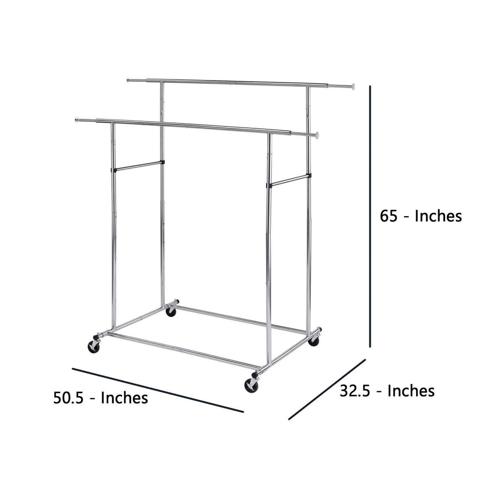 Dual Bar Tubular Metal Frame Garment Rack With Casters, Chrome By Benzara | Coat Racks |  Modishstore  - 2