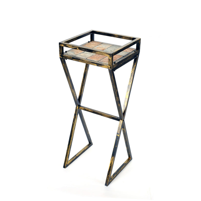 35.5 Stone Top Plant Stand With X Legs Black And Gray By Benzara | Stands | Modishstore