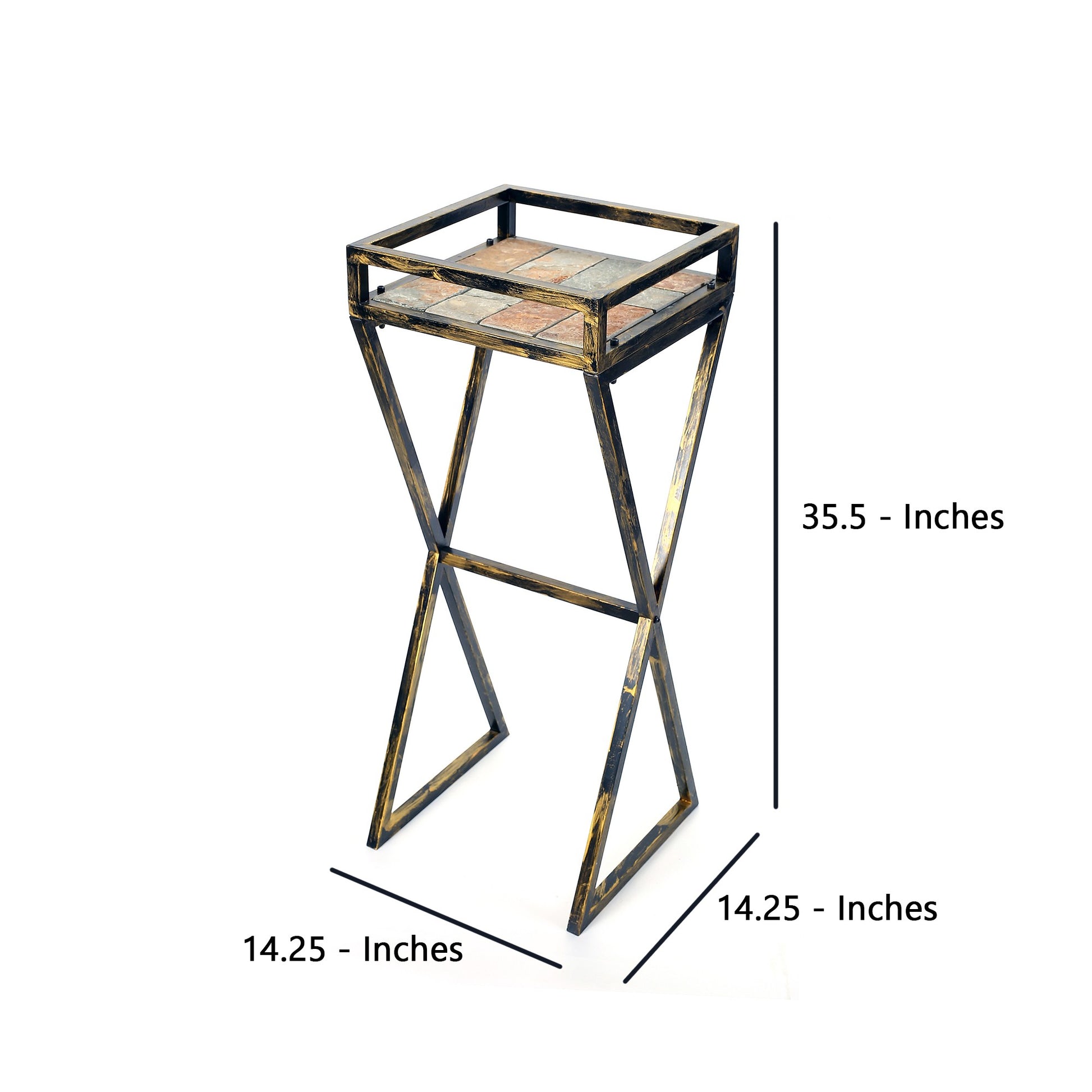 35.5 Stone Top Plant Stand With X Legs Black And Gray By Benzara | Stands | Modishstore - 3