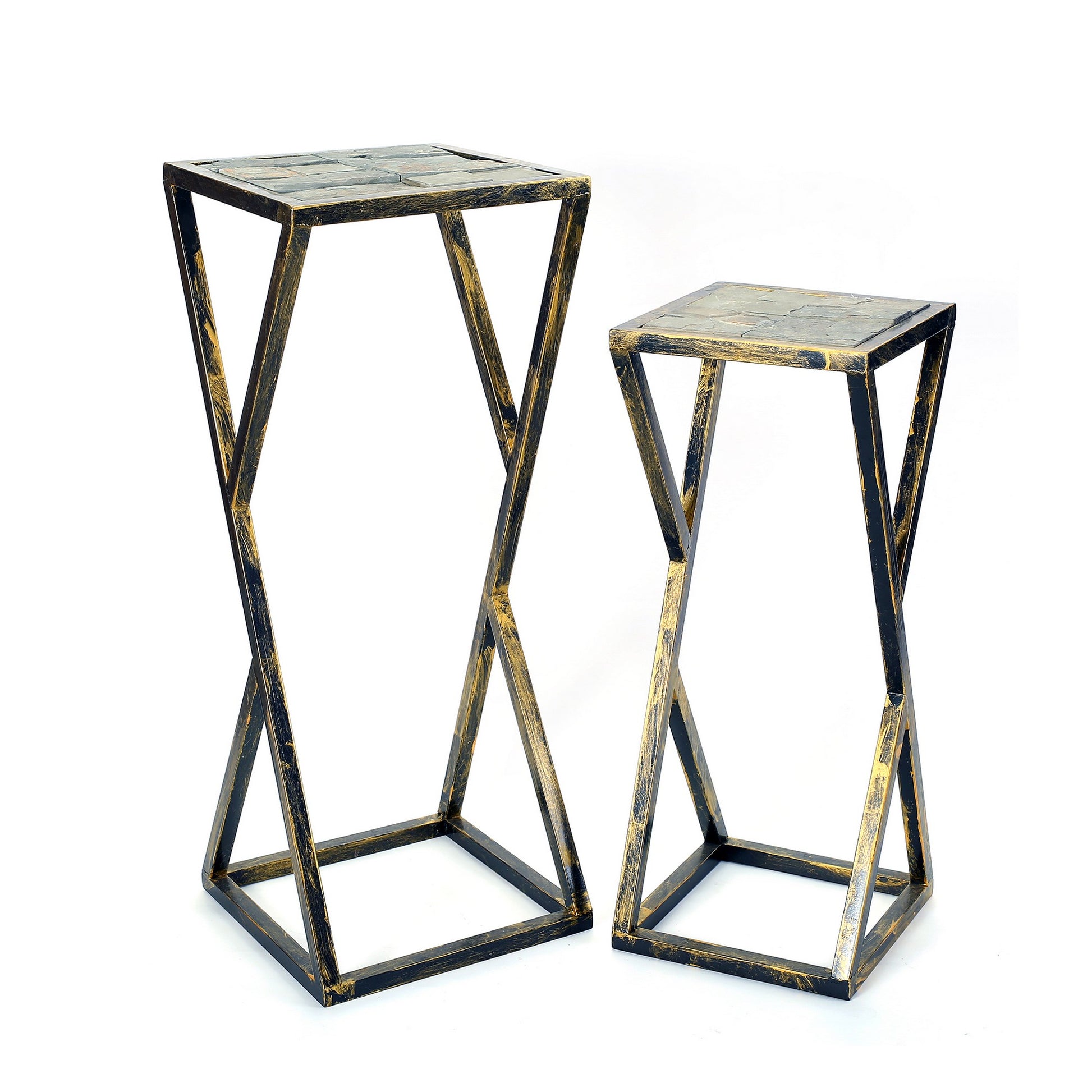 Stone Top Plant Stand With Geometric Base Set Of 2 Black And Gray By Benzara | Stands | Modishstore - 4