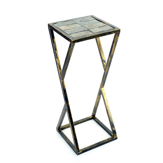 Stone Top Plant Stand With Geometric Base Black And Gray By Benzara | Stands | Modishstore