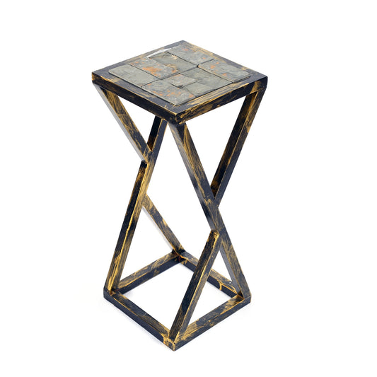 19.5 Inches Stone Top Plant Stand With Geometric Base Black And Gray By Benzara | Stands | Modishstore
