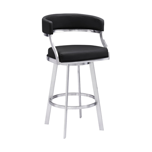 26 Inch Curved Seat Leatherette Swivel Barstool Silver And Black By Benzara | Bar Stools & Tables | Modishstore