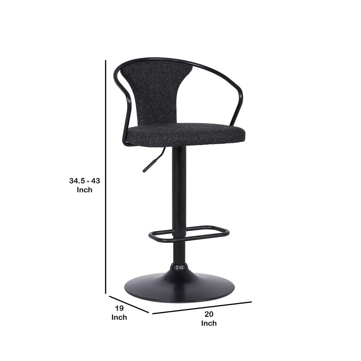 Adjustable Fabric Swivel Barstool With Curved Back, Black By Benzara | Bar Stools |  Modishstore  - 3