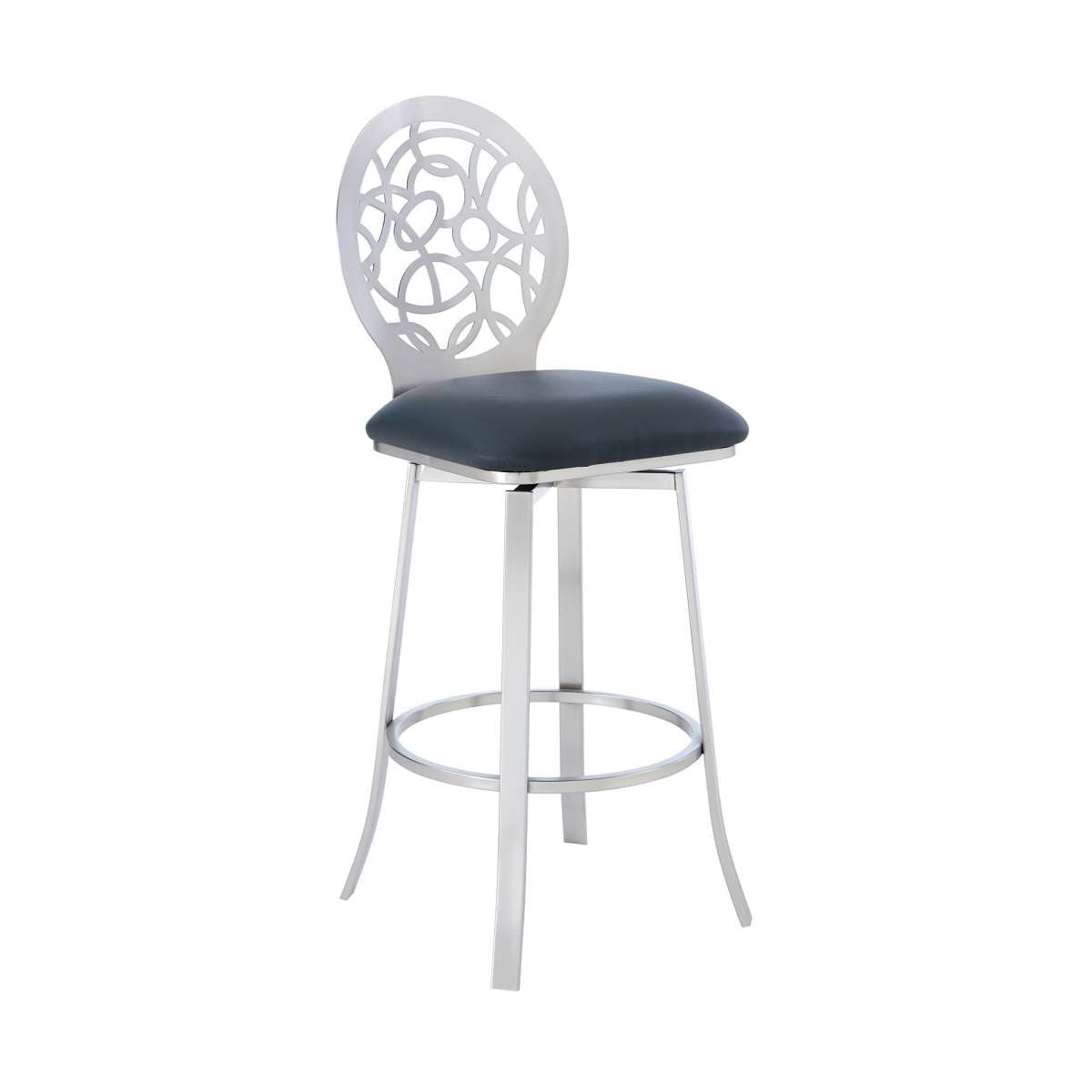 26 Inches Leatherette Counter Stool With Geometric Back, Silver By Benzara | Counter Stools |  Modishstore 