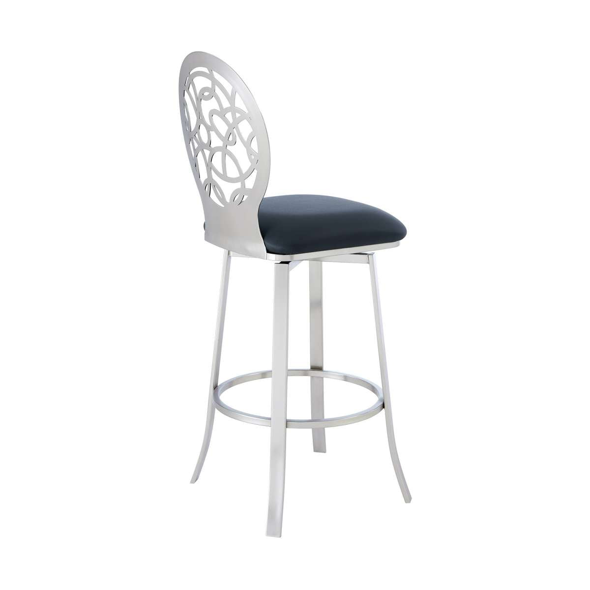 30 Inches Leatherette Barstool With Geometric Backrest, Silver By Benzara | Bar Stools |  Modishstore  - 3