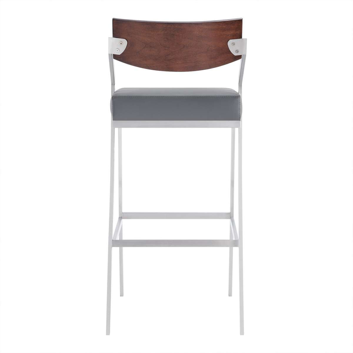 32 Inches Leatherette Metal Barstool With Wooden Panel Back, Gray By Benzara | Bar Stools |  Modishstore  - 2
