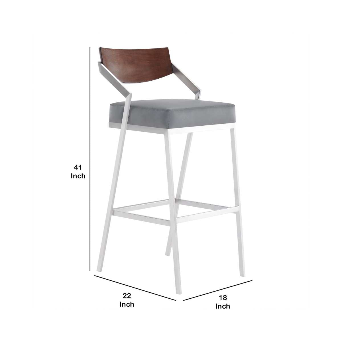 32 Inches Leatherette Metal Barstool With Wooden Panel Back, Gray By Benzara | Bar Stools |  Modishstore  - 3