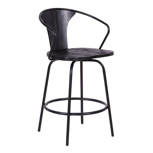 36.5" Industrial Metal Frame Barstool With Wooden Seat Black By Benzara | Bar Stools & Tables | Modishstore