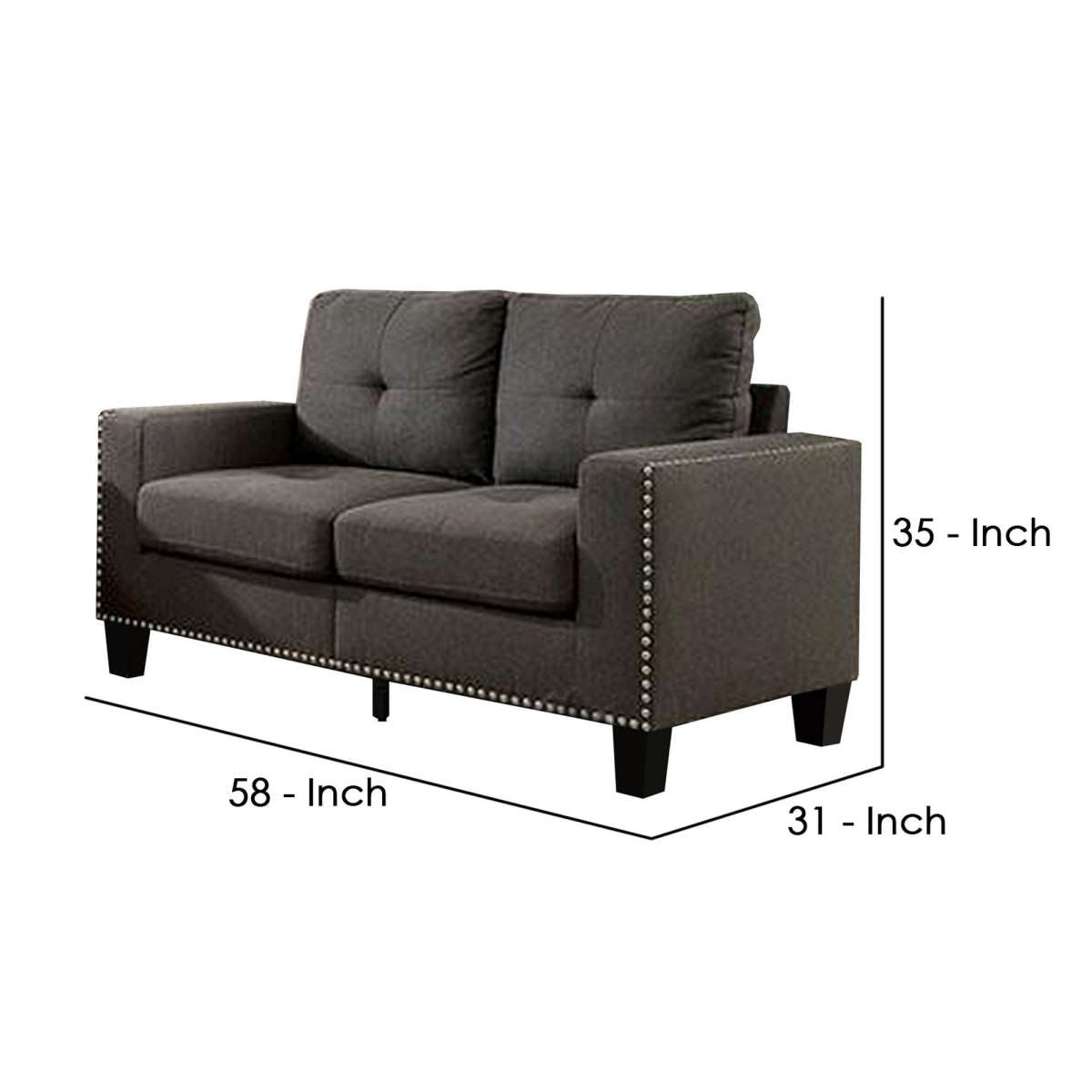 Fabric Upholstered Loveseat With Track Arms And Nailhead Trim, Dark Gray By Benzara | Sofas |  Modishstore  - 2