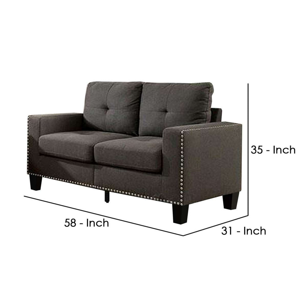 Fabric Upholstered Loveseat With Track Arms And Nailhead Trim, Dark Gray By Benzara | Sofas |  Modishstore  - 2