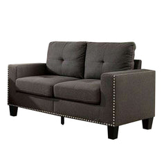 Fabric Upholstered Loveseat With Track Arms And Nailhead Trim, Dark Gray By Benzara