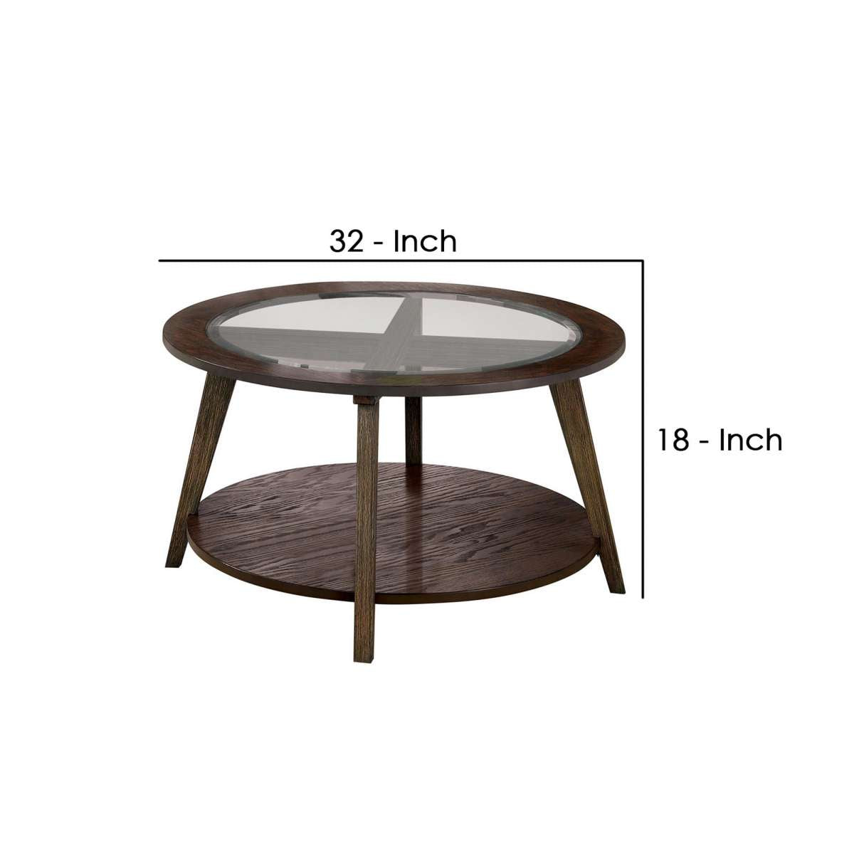 32 Inches Coffee Table With Round Glass Top And Angled Legs, Brown By Benzara | Coffee Tables |  Modishstore  - 2