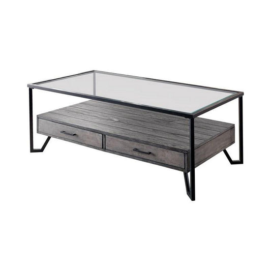 48 Inch Metal Coffee Table With Glass Top And 2 Drawers Gray By Benzara | Coffee Tables | Modishstore