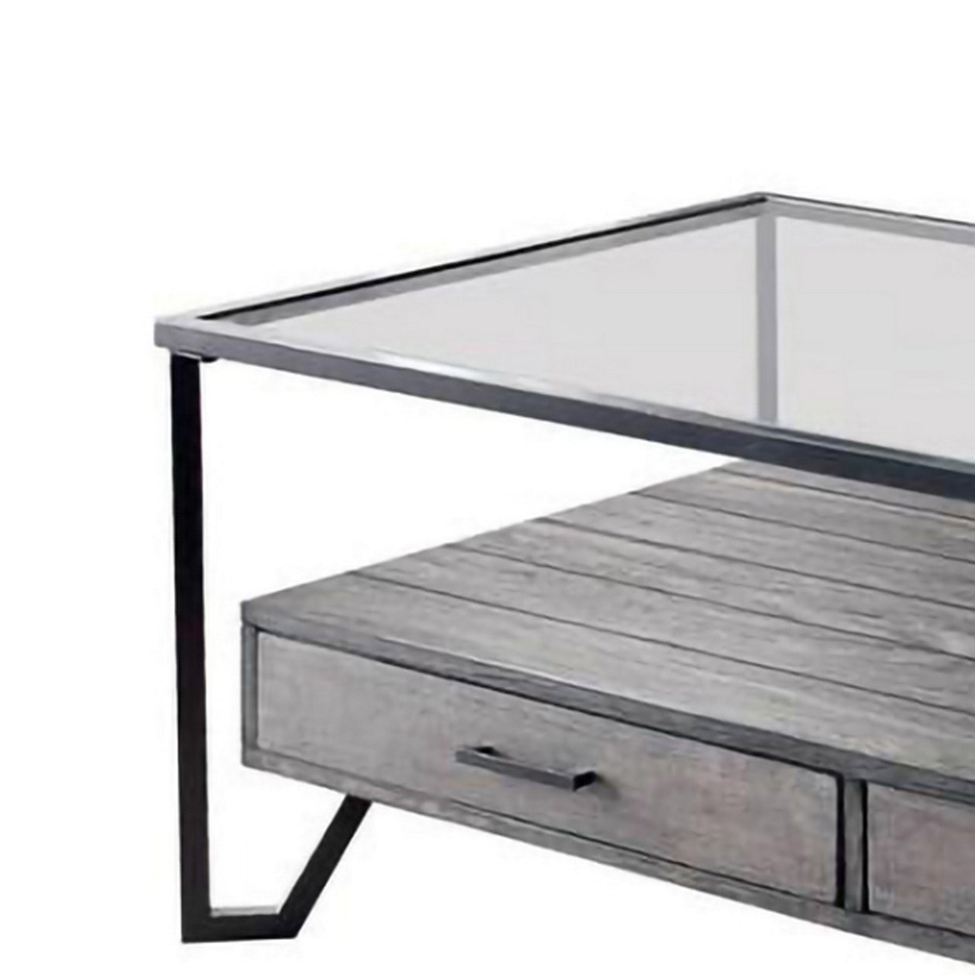 48 Inch Metal Coffee Table With Glass Top And 2 Drawers Gray By Benzara | Coffee Tables | Modishstore - 2