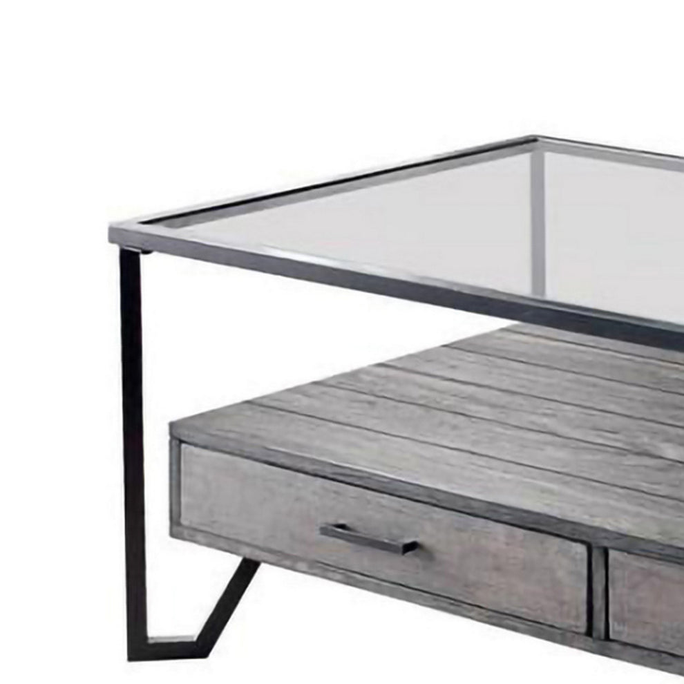 48 Inch Metal Coffee Table With Glass Top And 2 Drawers Gray By Benzara | Coffee Tables | Modishstore - 2