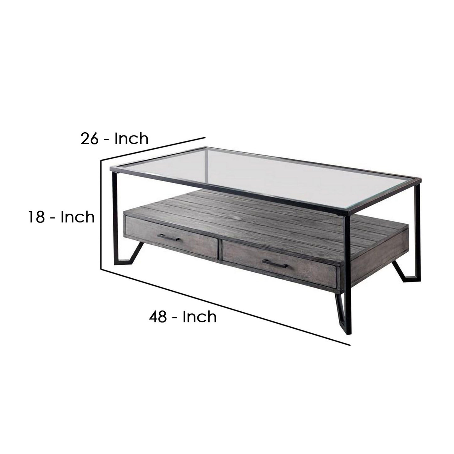 48 Inch Metal Coffee Table With Glass Top And 2 Drawers Gray By Benzara | Coffee Tables | Modishstore - 5